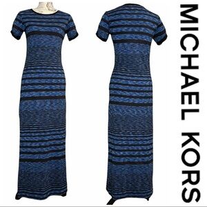 Micheal Micheal Kors black blue stripe maxi dress side slit zipper sleeve xs